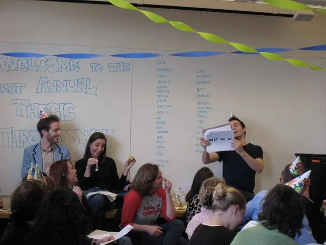 In this picture we see people celebrating their first annual thesis throwdown. The top of the roof...