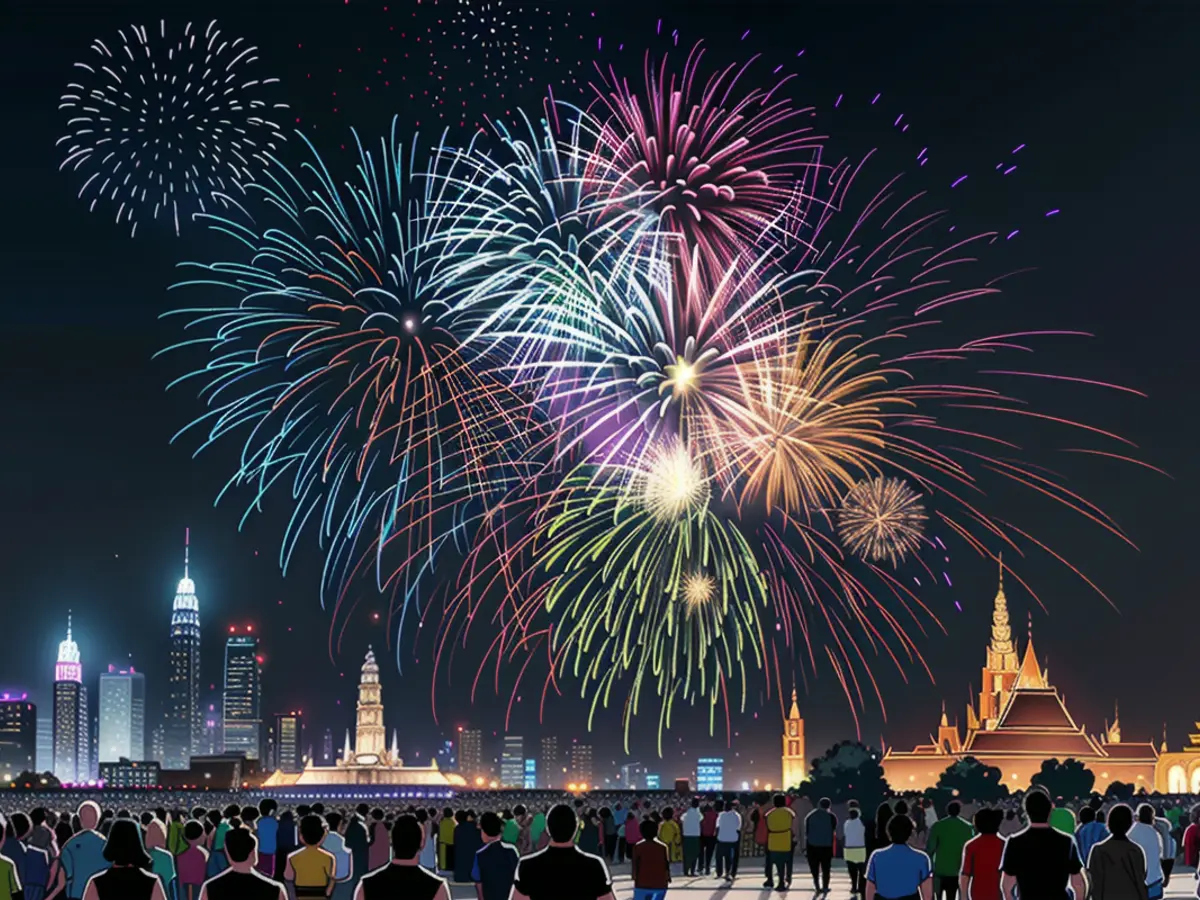 Spectacular pyrotechnics illuminate the Grand Palace during the 2024 New Year festivities in Bangkok, Thailand.